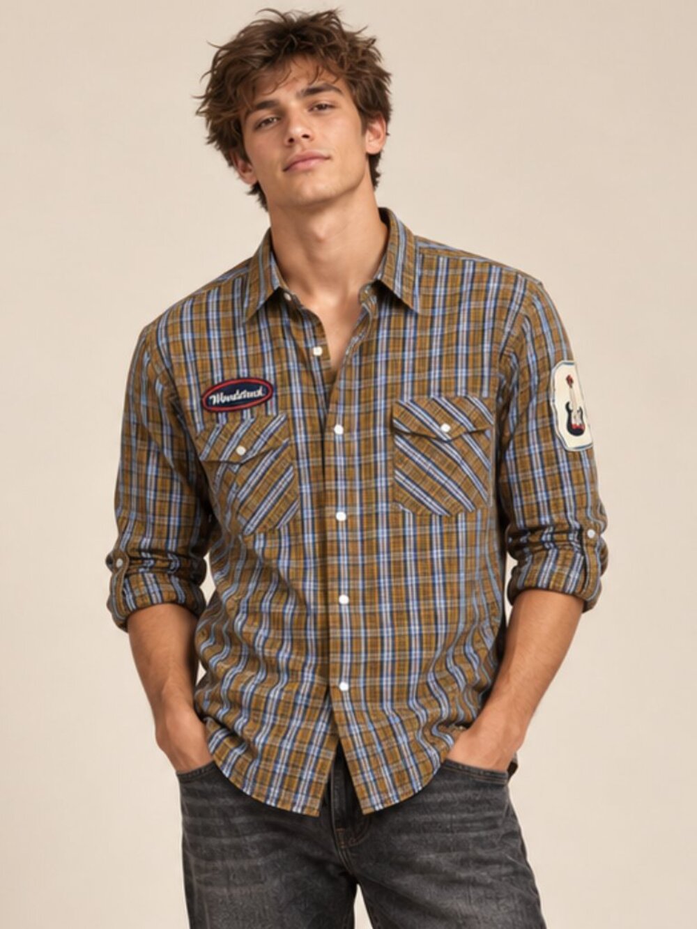 Paper Denim & Cloth Men's XL Plaid Pearl Snap Patch Shirt Woodstock Y2K